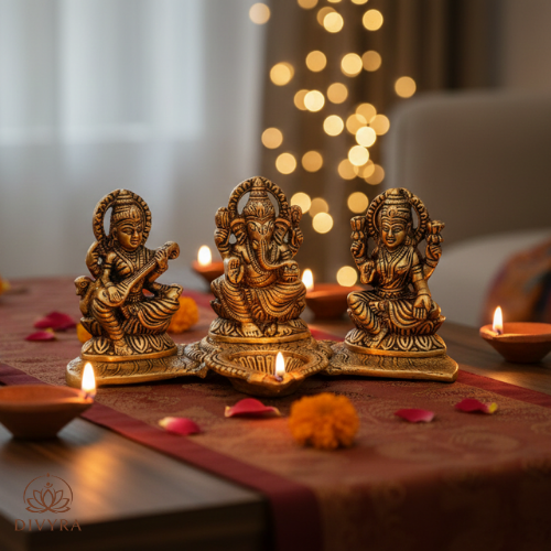 Design Gold Plated Lakshmi Ganesh Saraswati Idol with Deepak